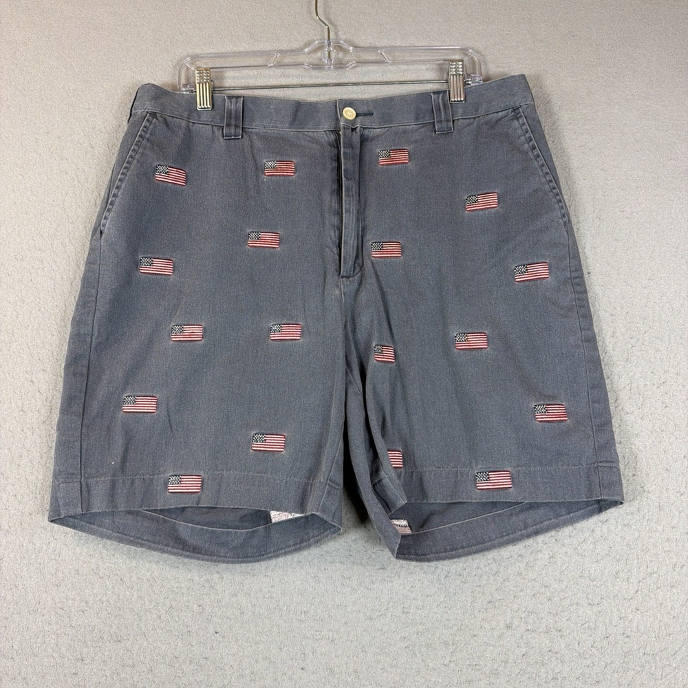 Orvis Men 38 (36in) Blue Embroidered Flag Chino Shorts Cotton Patriotic July 4th